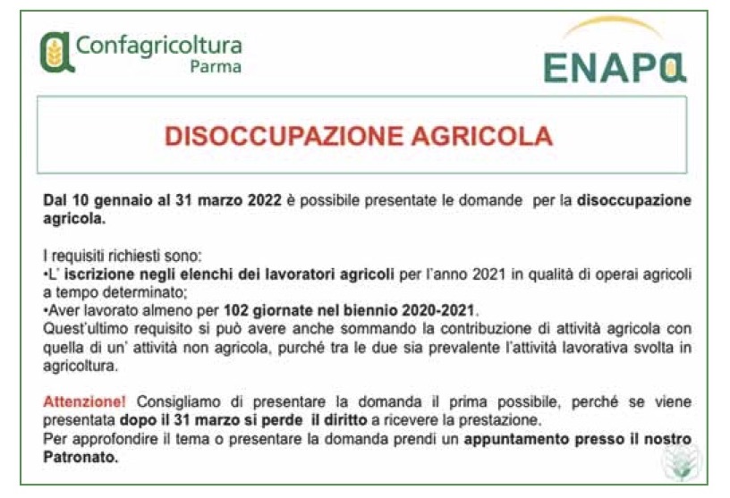 Dal 10 gennaio al 31 marzo 2022 è possibile presentare le domande per la disoccupazione agricola. 
