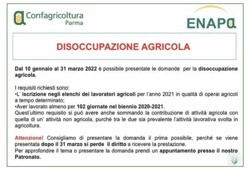 Dal 10 gennaio al 31 marzo 2022 è possibile presentare le domande per la disoccupazione agricola.